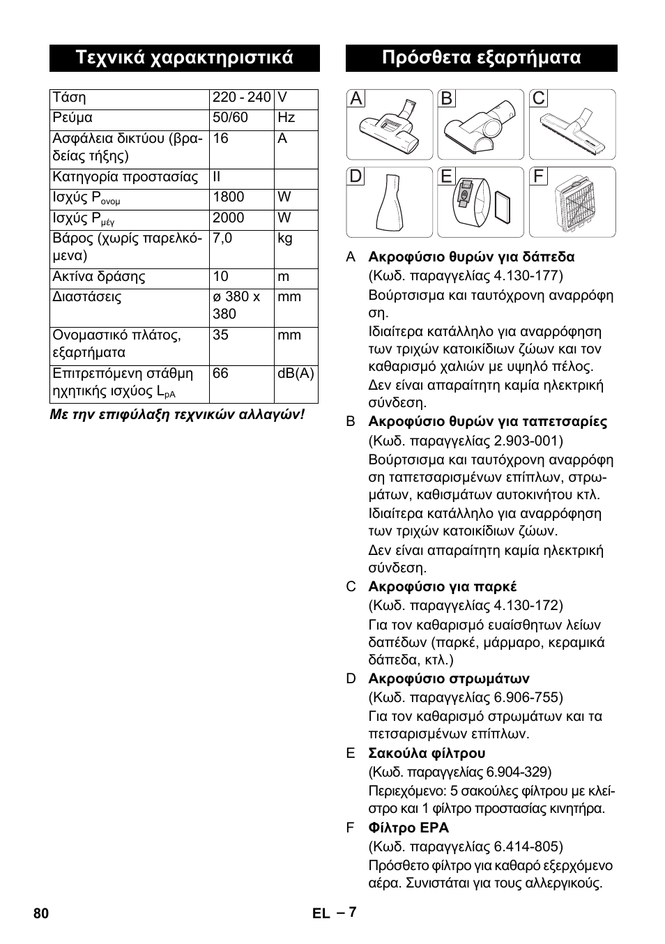 Τεχνικά χαρακτηριστικά, Πρόσθετα εξαρτήματα | Karcher VC 6300 User Manual | Page 80 / 180