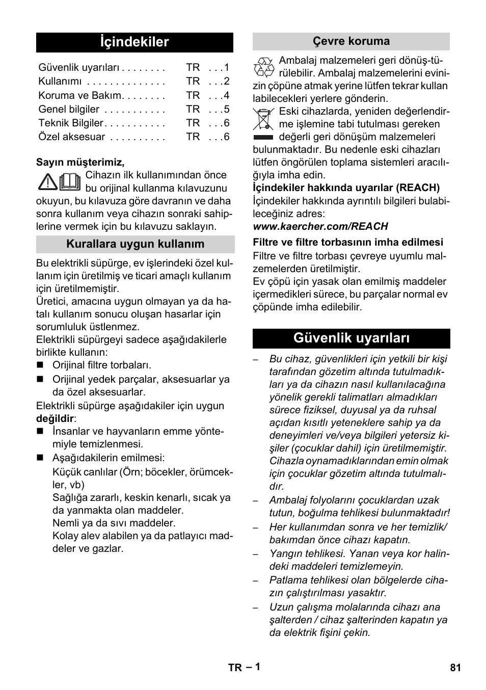 Türkçe, Içindekiler, Güvenlik uyarıları | Karcher VC 6300 User Manual | Page 81 / 180