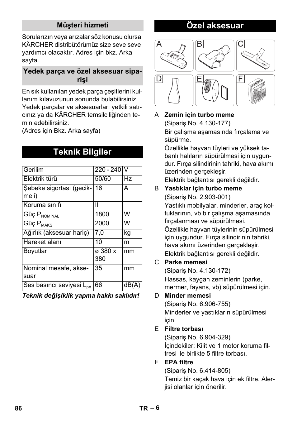 Teknik bilgiler, Özel aksesuar | Karcher VC 6300 User Manual | Page 86 / 180