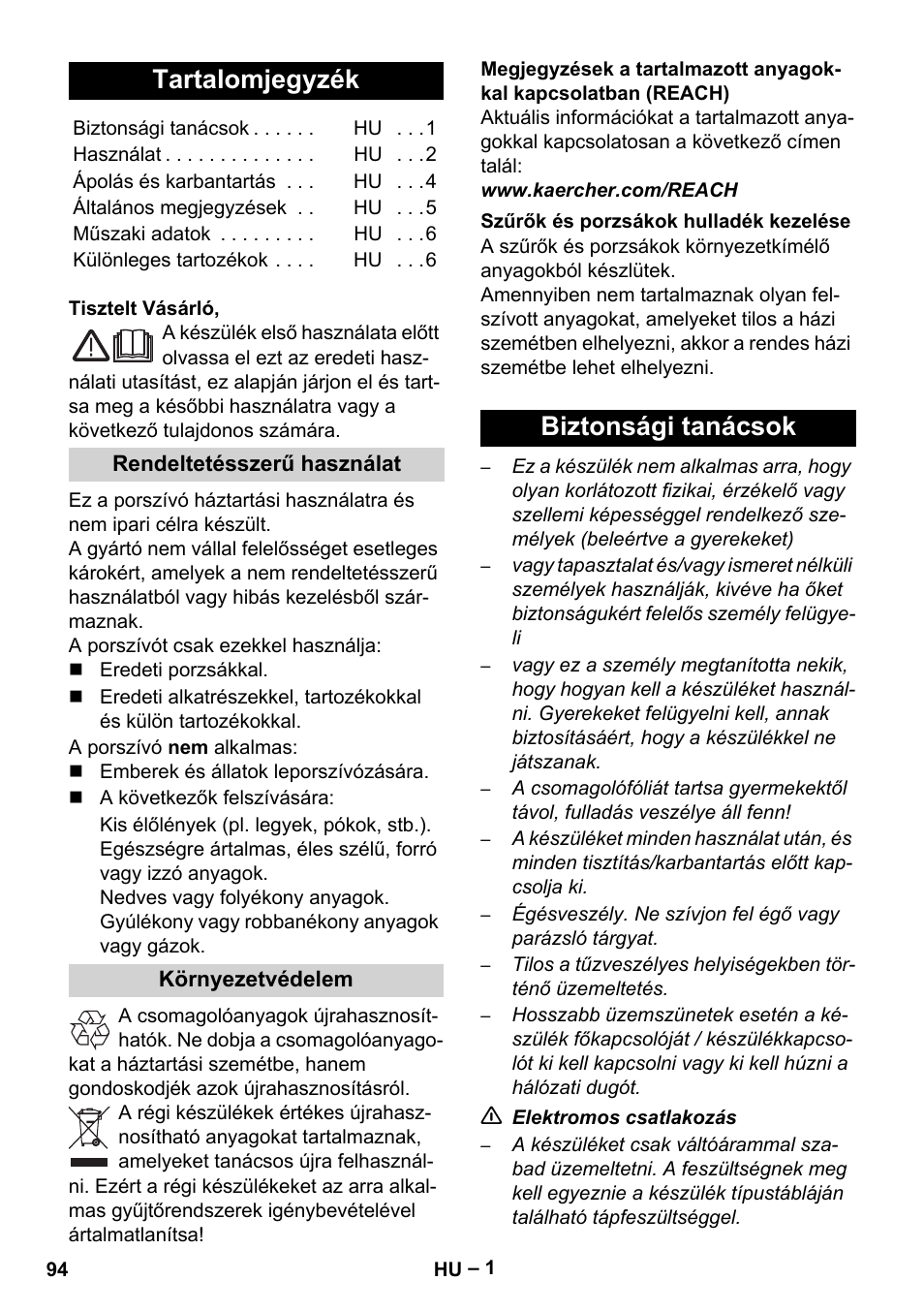 Magyar, Tartalomjegyzék, Biztonsági tanácsok | Karcher VC 6300 User Manual | Page 94 / 180