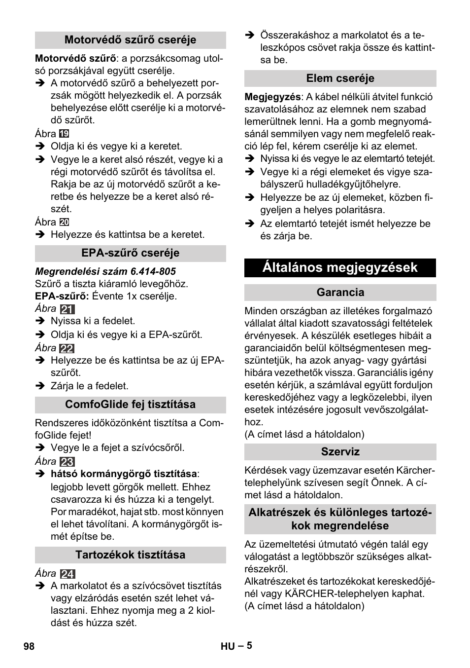 Általános megjegyzések | Karcher VC 6300 User Manual | Page 98 / 180