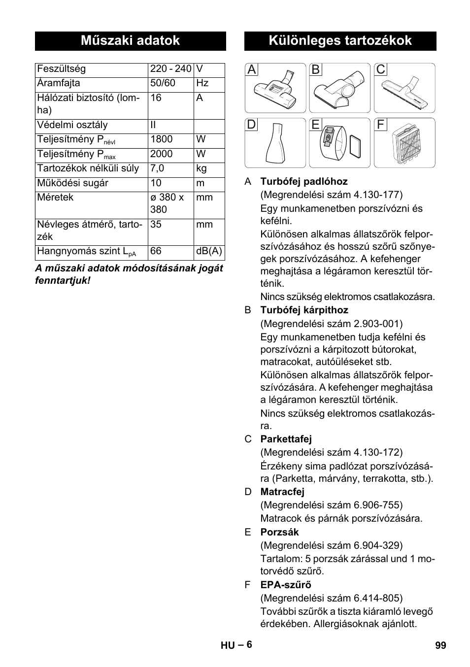 Műszaki adatok, Különleges tartozékok | Karcher VC 6300 User Manual | Page 99 / 180