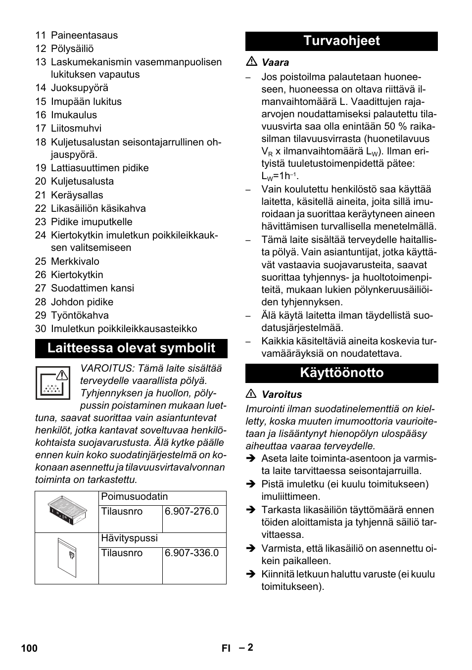 Laitteessa olevat symbolit, Turvaohjeet käyttöönotto | Karcher IVC 60-24-2 Tact M User Manual | Page 100 / 260