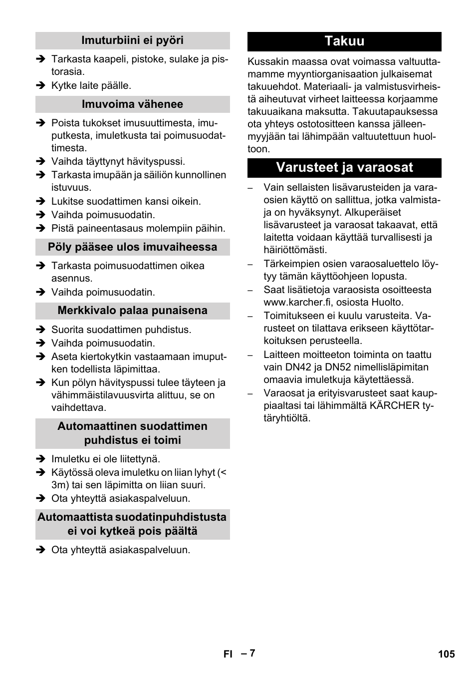 Takuu varusteet ja varaosat | Karcher IVC 60-24-2 Tact M User Manual | Page 105 / 260