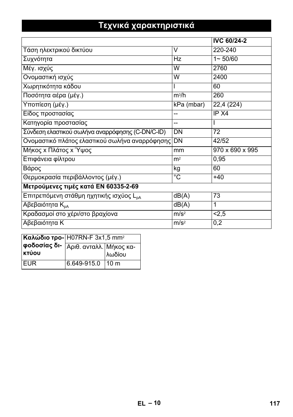 Τεχνικά χαρακτηριστικά | Karcher IVC 60-24-2 Tact M User Manual | Page 117 / 260