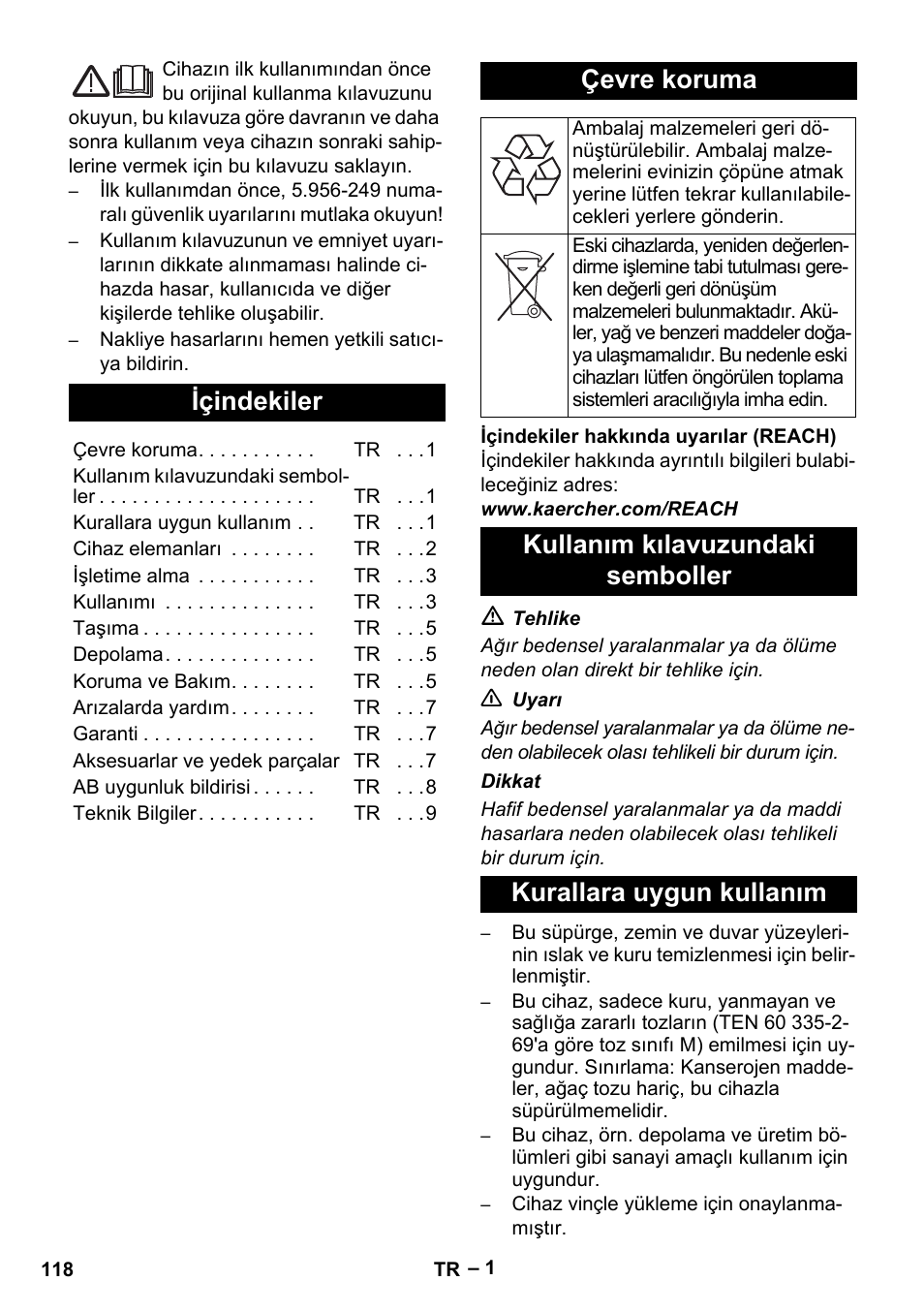 Türkçe, Içindekiler, Çevre koruma | Karcher IVC 60-24-2 Tact M User Manual | Page 118 / 260