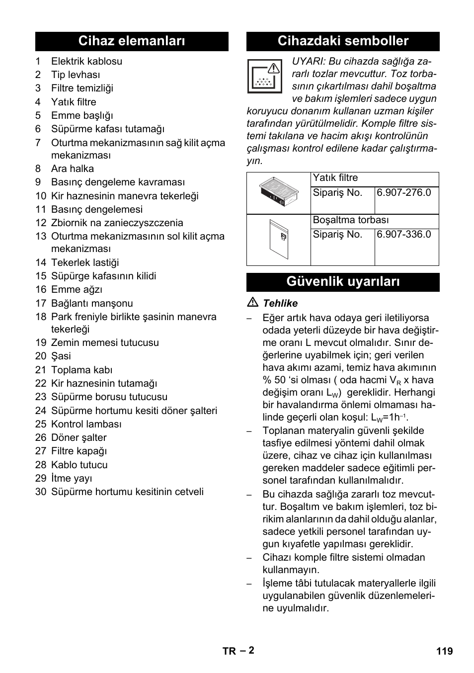 Cihaz elemanları cihazdaki semboller, Güvenlik uyarıları | Karcher IVC 60-24-2 Tact M User Manual | Page 119 / 260