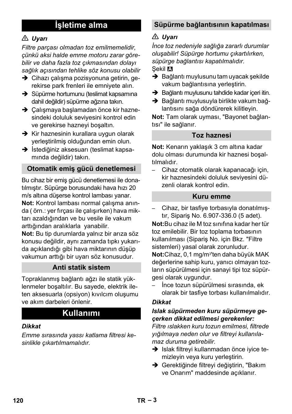 Işletime alma, Kullanımı | Karcher IVC 60-24-2 Tact M User Manual | Page 120 / 260