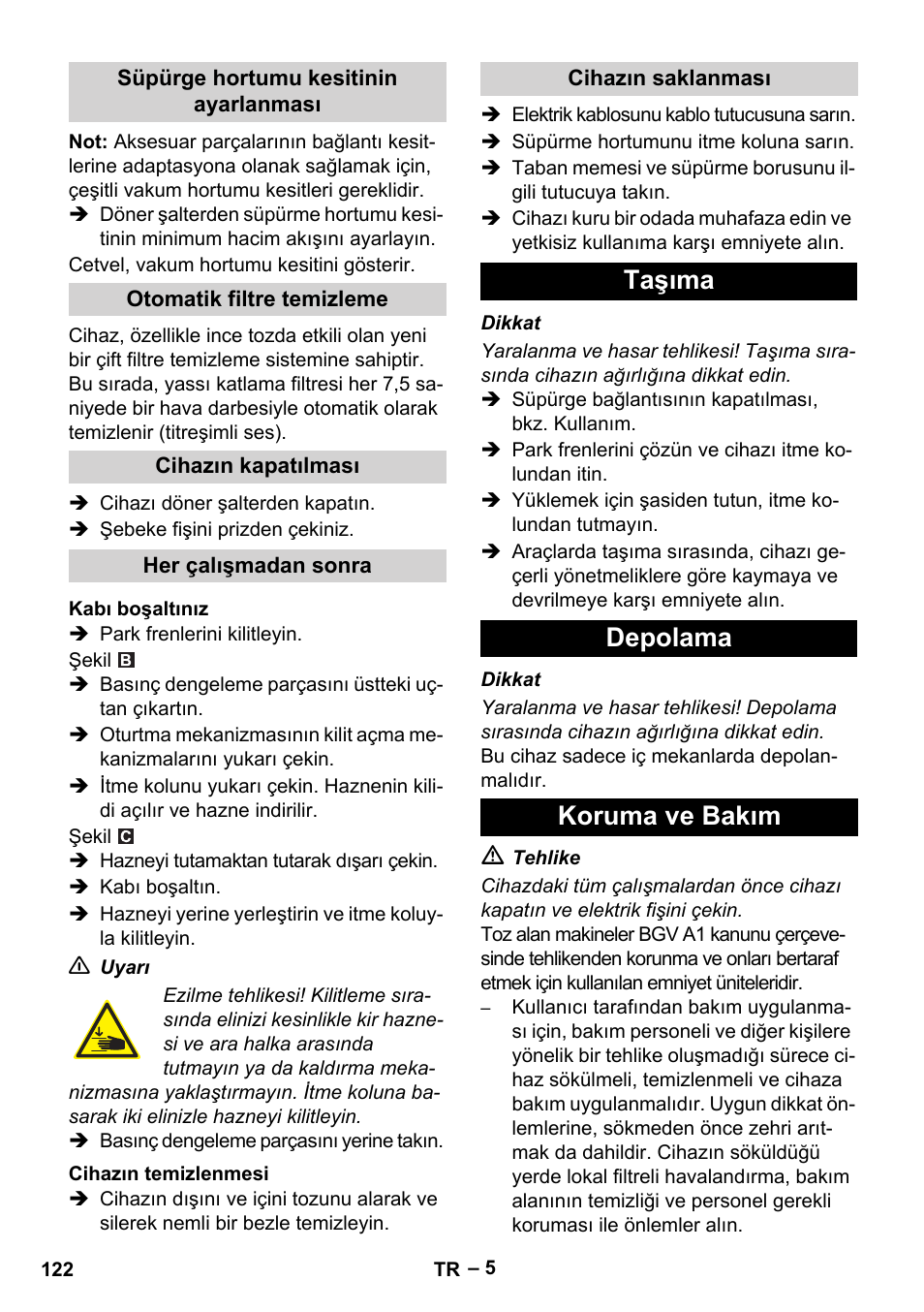 Taşıma depolama koruma ve bakım | Karcher IVC 60-24-2 Tact M User Manual | Page 122 / 260