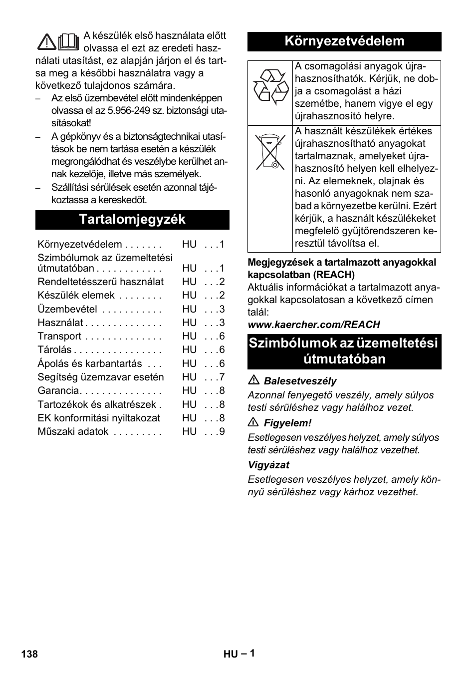 Magyar, Tartalomjegyzék, Környezetvédelem | Szimbólumok az üzemeltetési útmutatóban | Karcher IVC 60-24-2 Tact M User Manual | Page 138 / 260