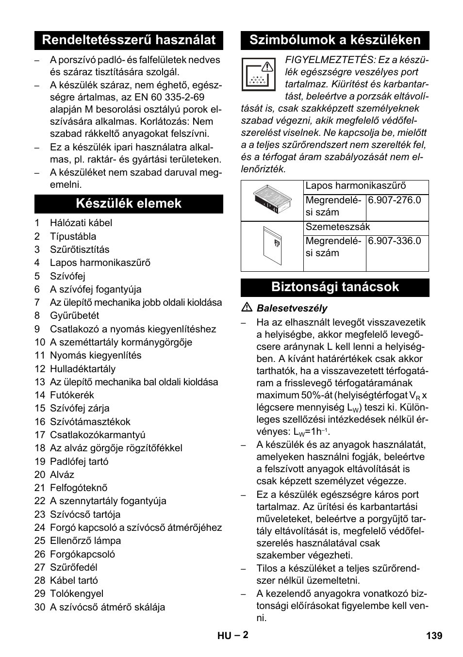 Biztonsági tanácsok | Karcher IVC 60-24-2 Tact M User Manual | Page 139 / 260