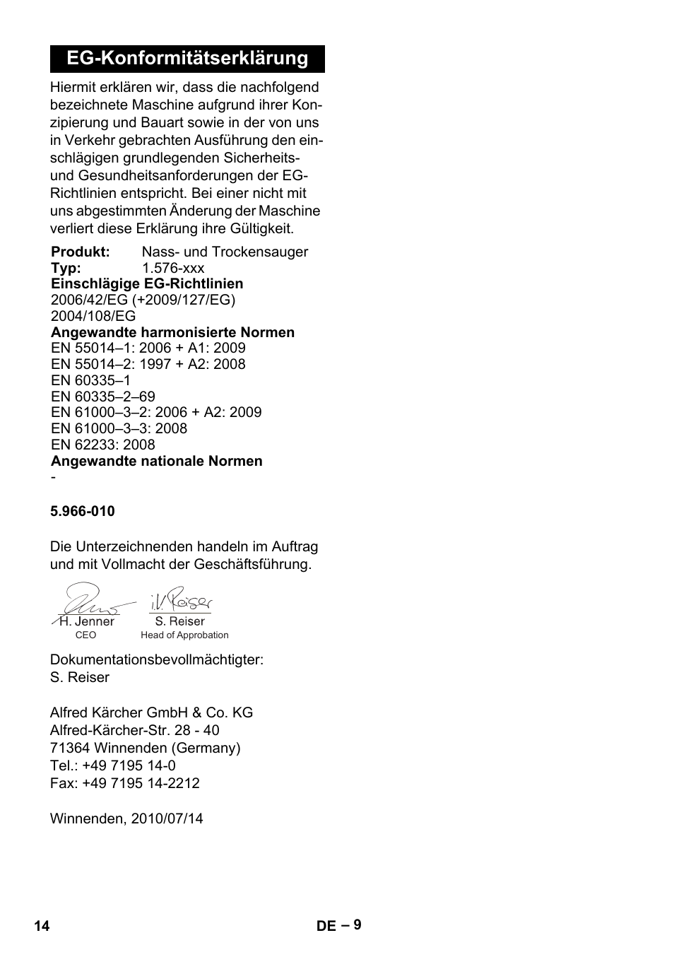 Eg-konformitätserklärung | Karcher IVC 60-24-2 Tact M User Manual | Page 14 / 260