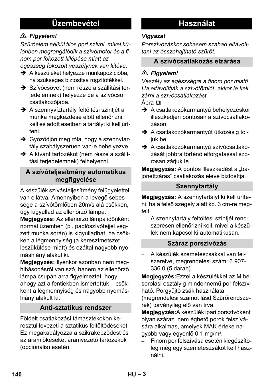 Üzembevétel, Használat | Karcher IVC 60-24-2 Tact M User Manual | Page 140 / 260