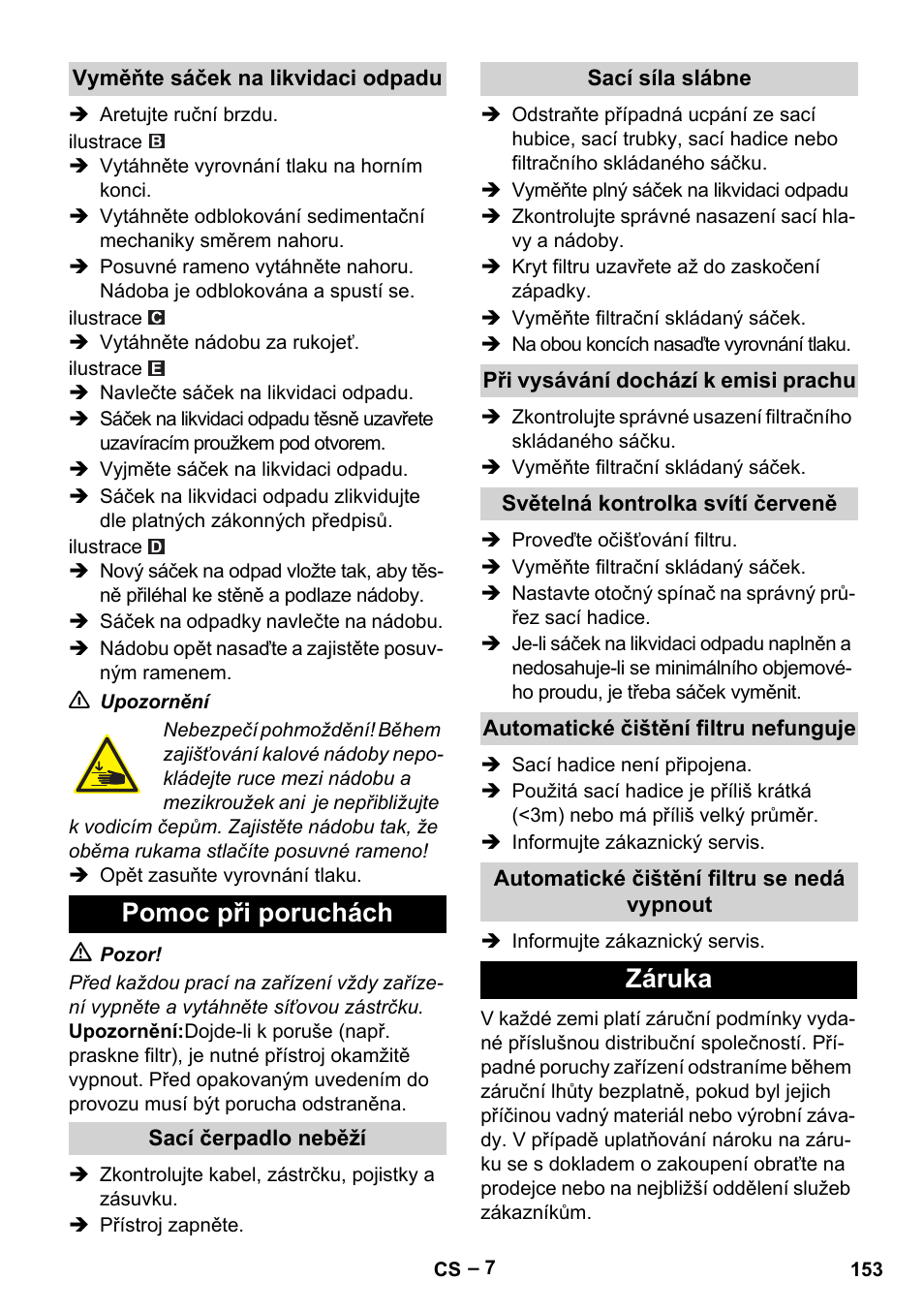 Pomoc při poruchách, Záruka | Karcher IVC 60-24-2 Tact M User Manual | Page 153 / 260