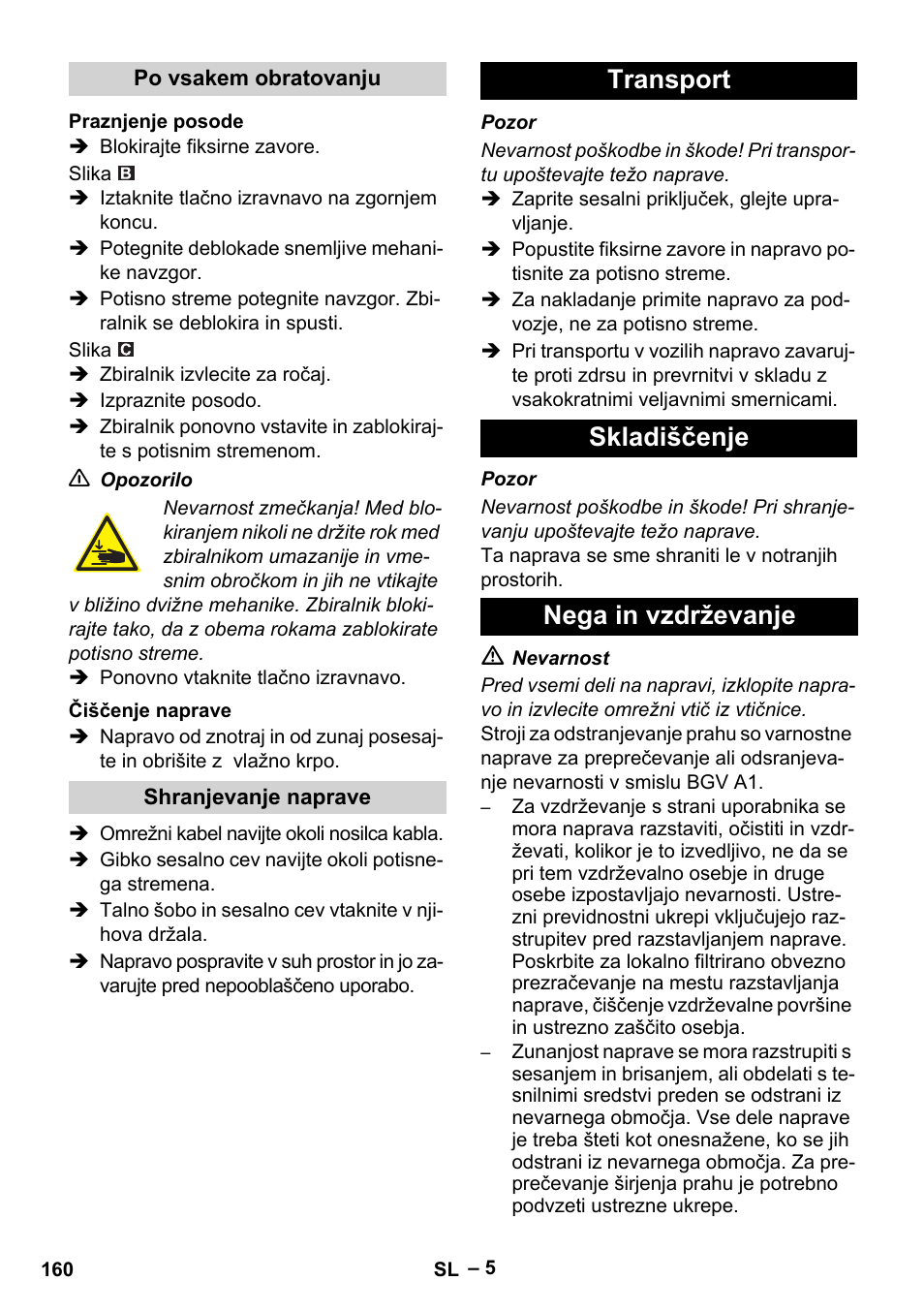 Transport skladiščenje nega in vzdrževanje | Karcher IVC 60-24-2 Tact M User Manual | Page 160 / 260