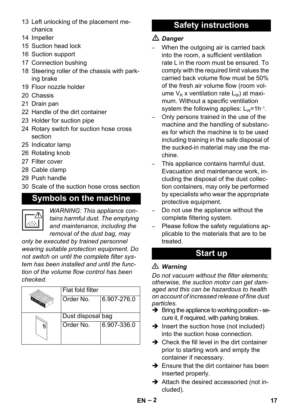 Symbols on the machine, Safety instructions start up | Karcher IVC 60-24-2 Tact M User Manual | Page 17 / 260