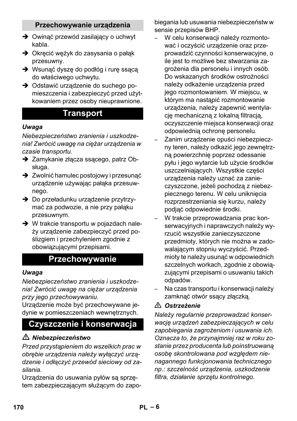 Transport przechowywanie czyszczenie i konserwacja | Karcher IVC 60-24-2 Tact M User Manual | Page 170 / 260