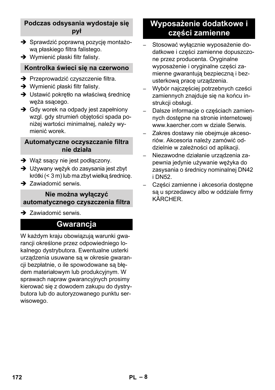 Gwarancja wyposażenie dodatkowe i części zamienne | Karcher IVC 60-24-2 Tact M User Manual | Page 172 / 260