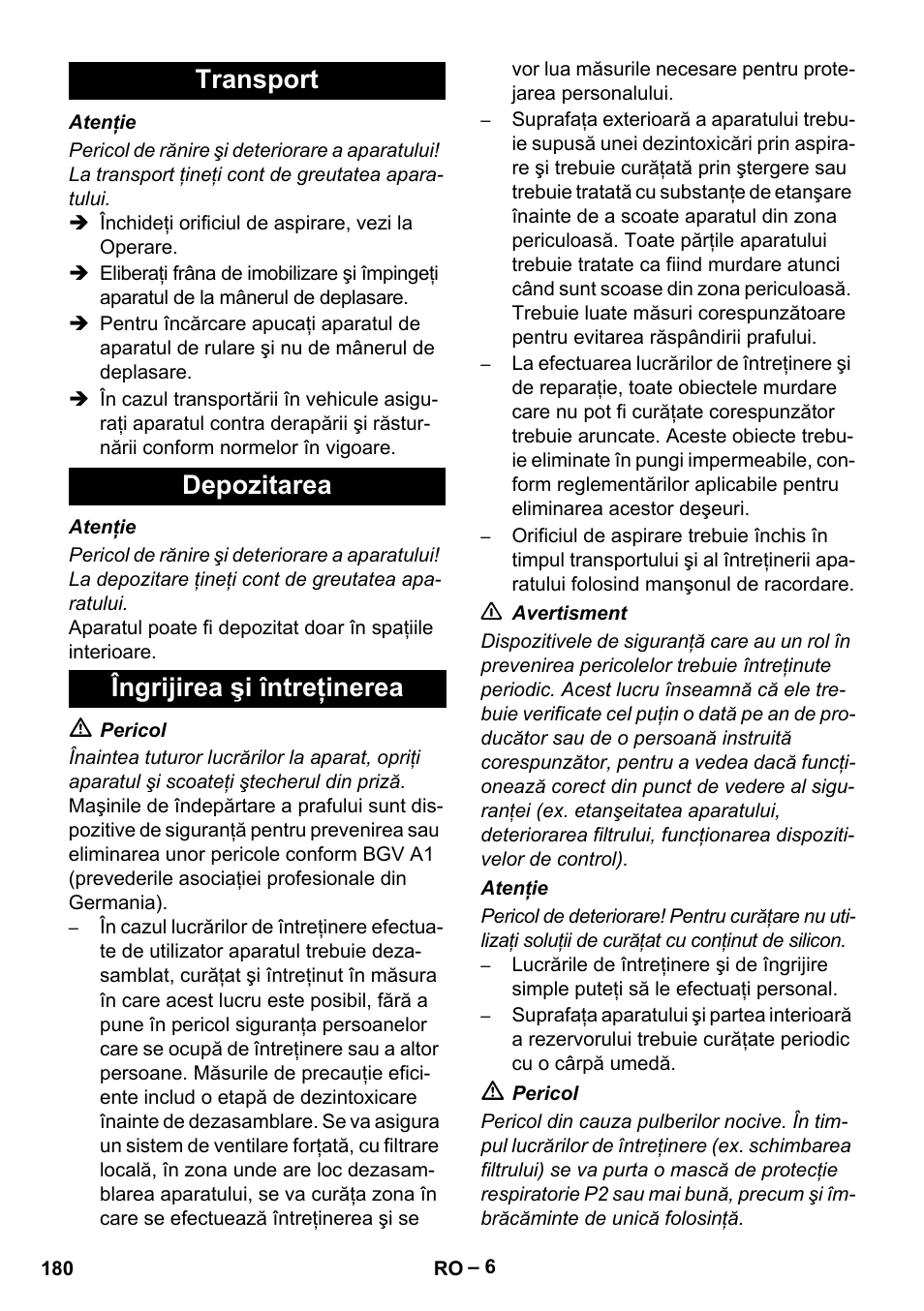 Transport depozitarea îngrijirea şi întreţinerea | Karcher IVC 60-24-2 Tact M User Manual | Page 180 / 260