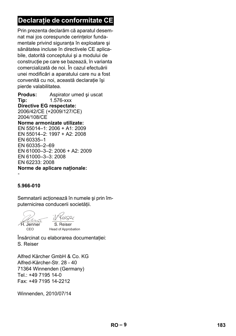 Declaraţie de conformitate ce | Karcher IVC 60-24-2 Tact M User Manual | Page 183 / 260