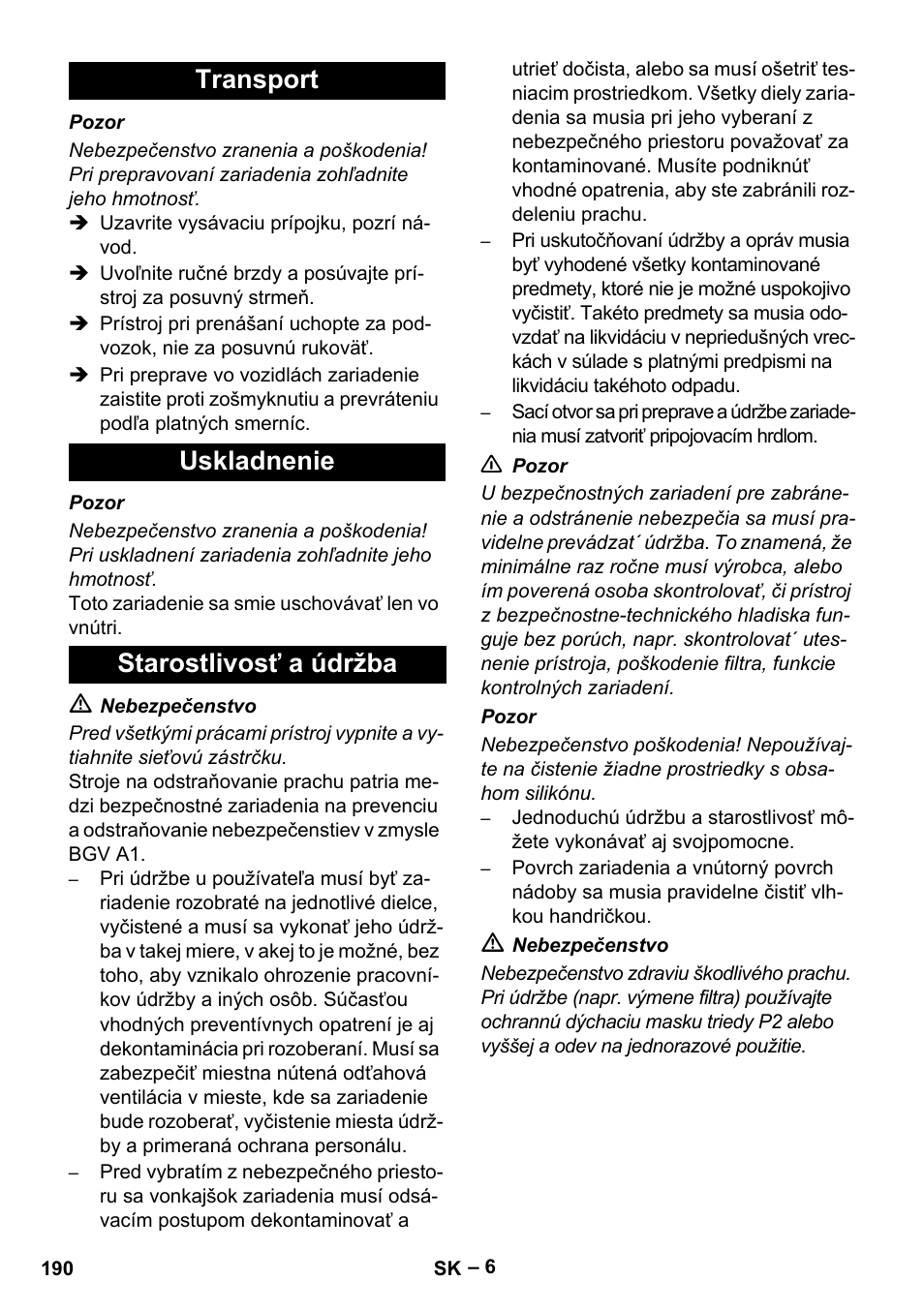 Transport uskladnenie starostlivosť a údržba | Karcher IVC 60-24-2 Tact M User Manual | Page 190 / 260