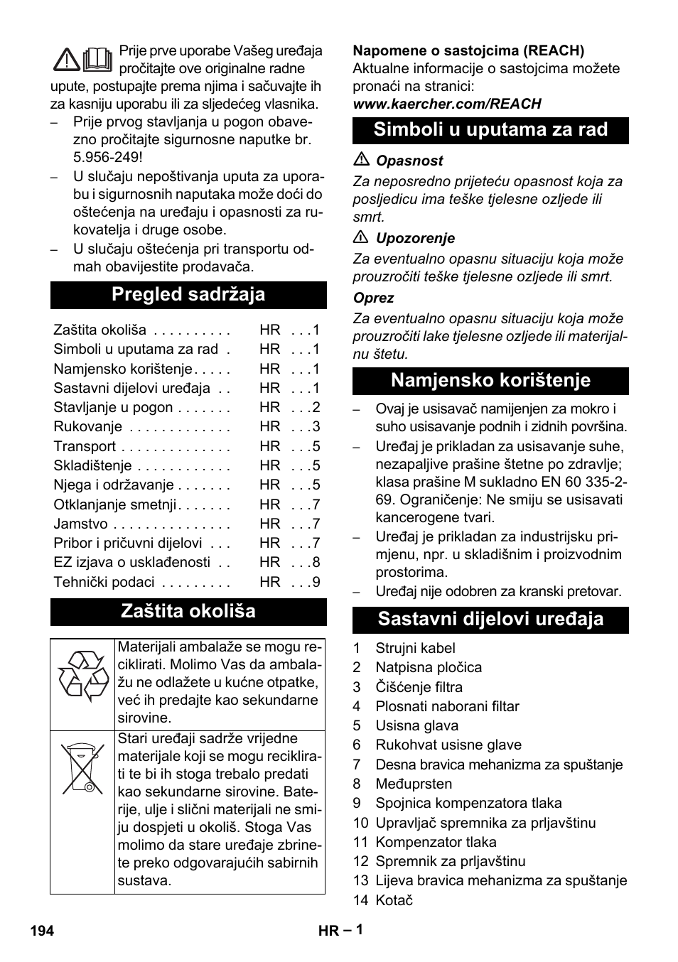 Hrvatski, Pregled sadržaja, Zaštita okoliša | Karcher IVC 60-24-2 Tact M User Manual | Page 194 / 260