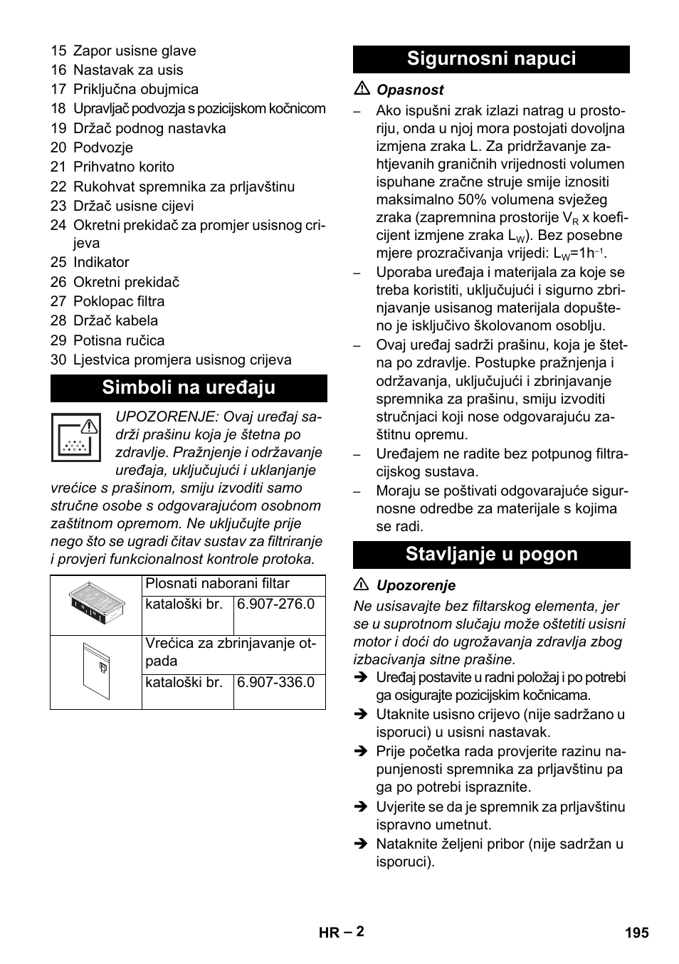 Simboli na uređaju, Sigurnosni napuci stavljanje u pogon | Karcher IVC 60-24-2 Tact M User Manual | Page 195 / 260