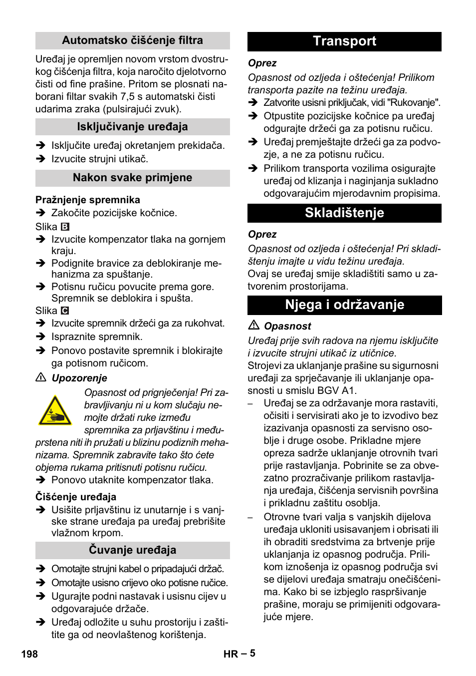 Transport skladištenje njega i održavanje | Karcher IVC 60-24-2 Tact M User Manual | Page 198 / 260