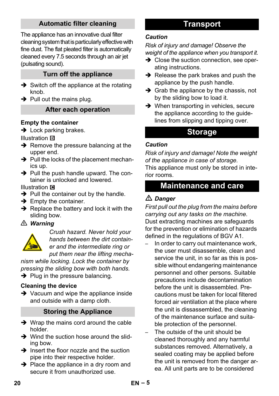 Transport storage maintenance and care | Karcher IVC 60-24-2 Tact M User Manual | Page 20 / 260