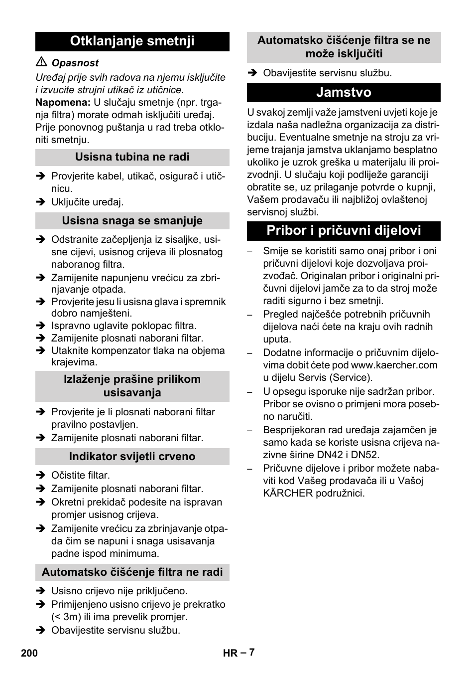 Otklanjanje smetnji, Jamstvo pribor i pričuvni dijelovi | Karcher IVC 60-24-2 Tact M User Manual | Page 200 / 260