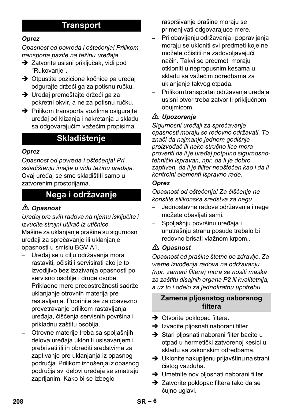 Transport skladištenje nega i održavanje | Karcher IVC 60-24-2 Tact M User Manual | Page 208 / 260
