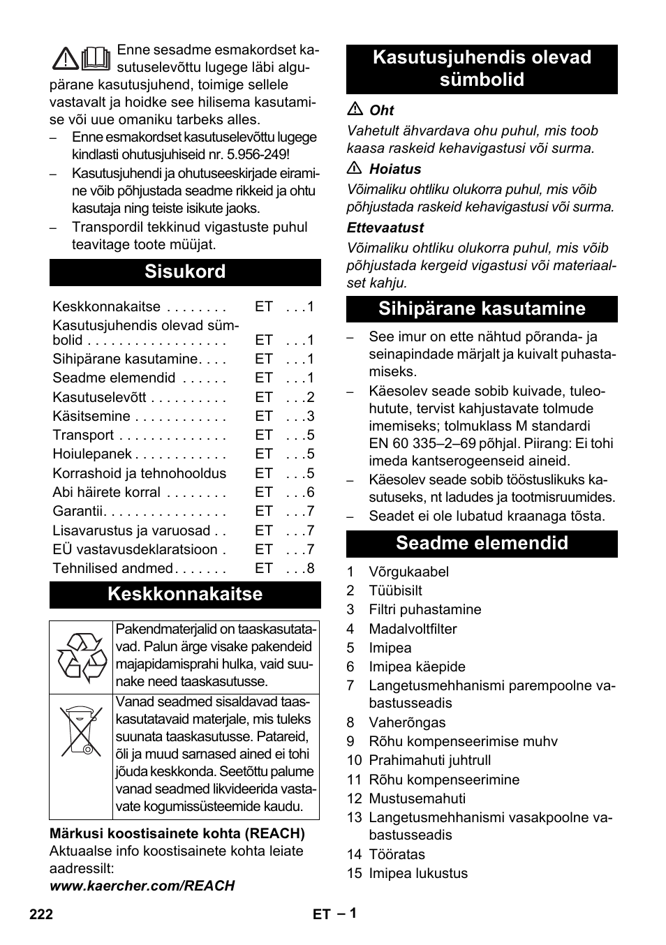 Eesti, Sisukord, Keskkonnakaitse | Karcher IVC 60-24-2 Tact M User Manual | Page 222 / 260