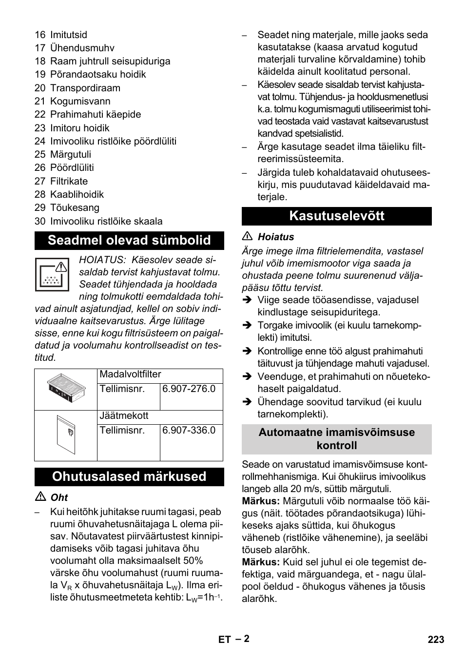 Seadmel olevad sümbolid, Ohutusalased märkused kasutuselevõtt | Karcher IVC 60-24-2 Tact M User Manual | Page 223 / 260