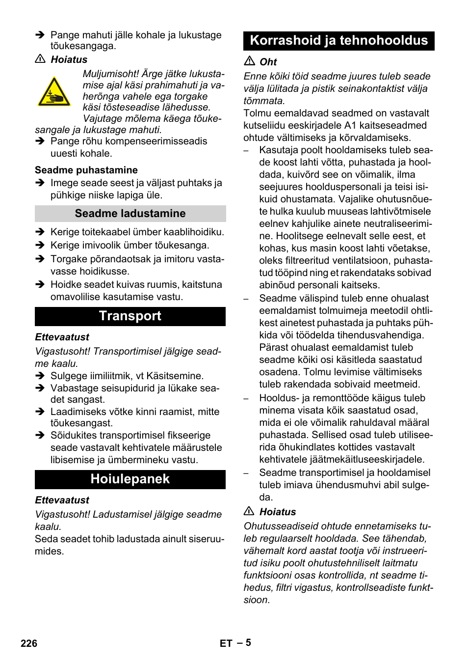 Transport hoiulepanek korrashoid ja tehnohooldus | Karcher IVC 60-24-2 Tact M User Manual | Page 226 / 260