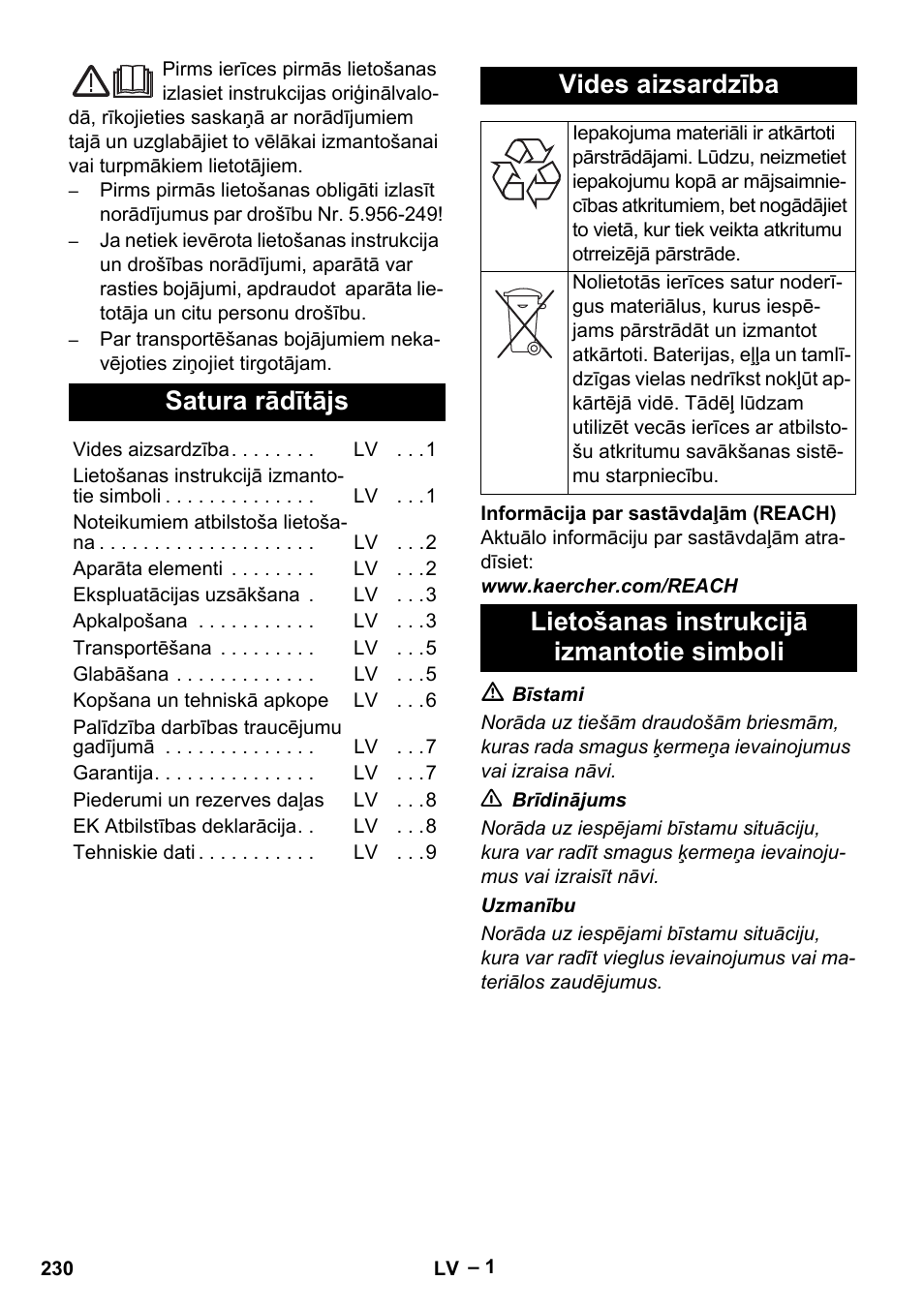 Latviešu, Satura rādītājs, Vides aizsardzība | Lietošanas instrukcijā izmantotie simboli | Karcher IVC 60-24-2 Tact M User Manual | Page 230 / 260