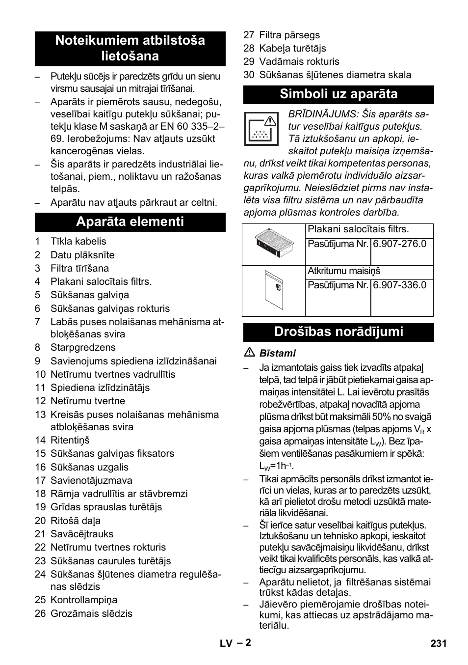 Drošības norādījumi | Karcher IVC 60-24-2 Tact M User Manual | Page 231 / 260