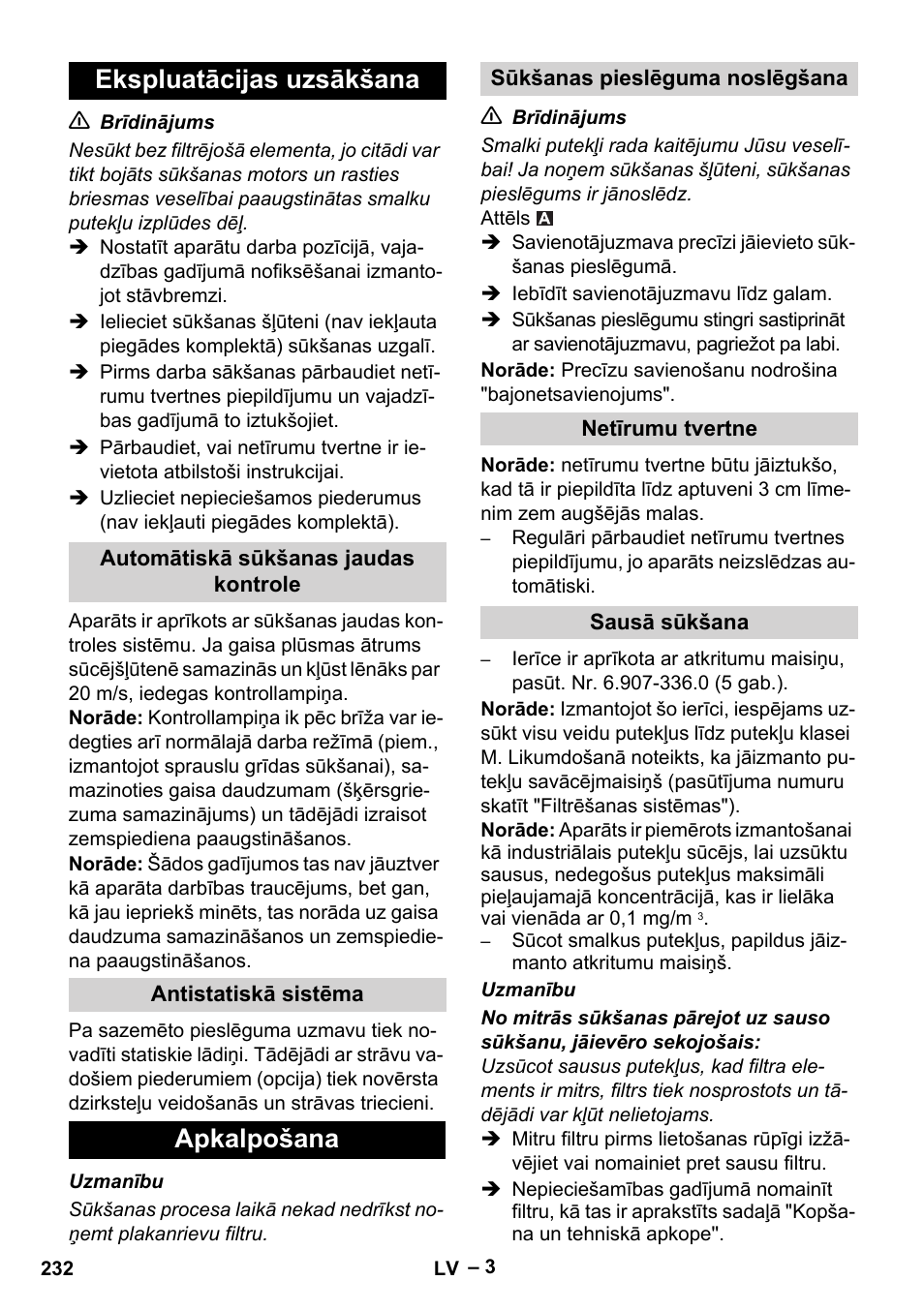 Ekspluatācijas uzsākšana, Apkalpošana | Karcher IVC 60-24-2 Tact M User Manual | Page 232 / 260