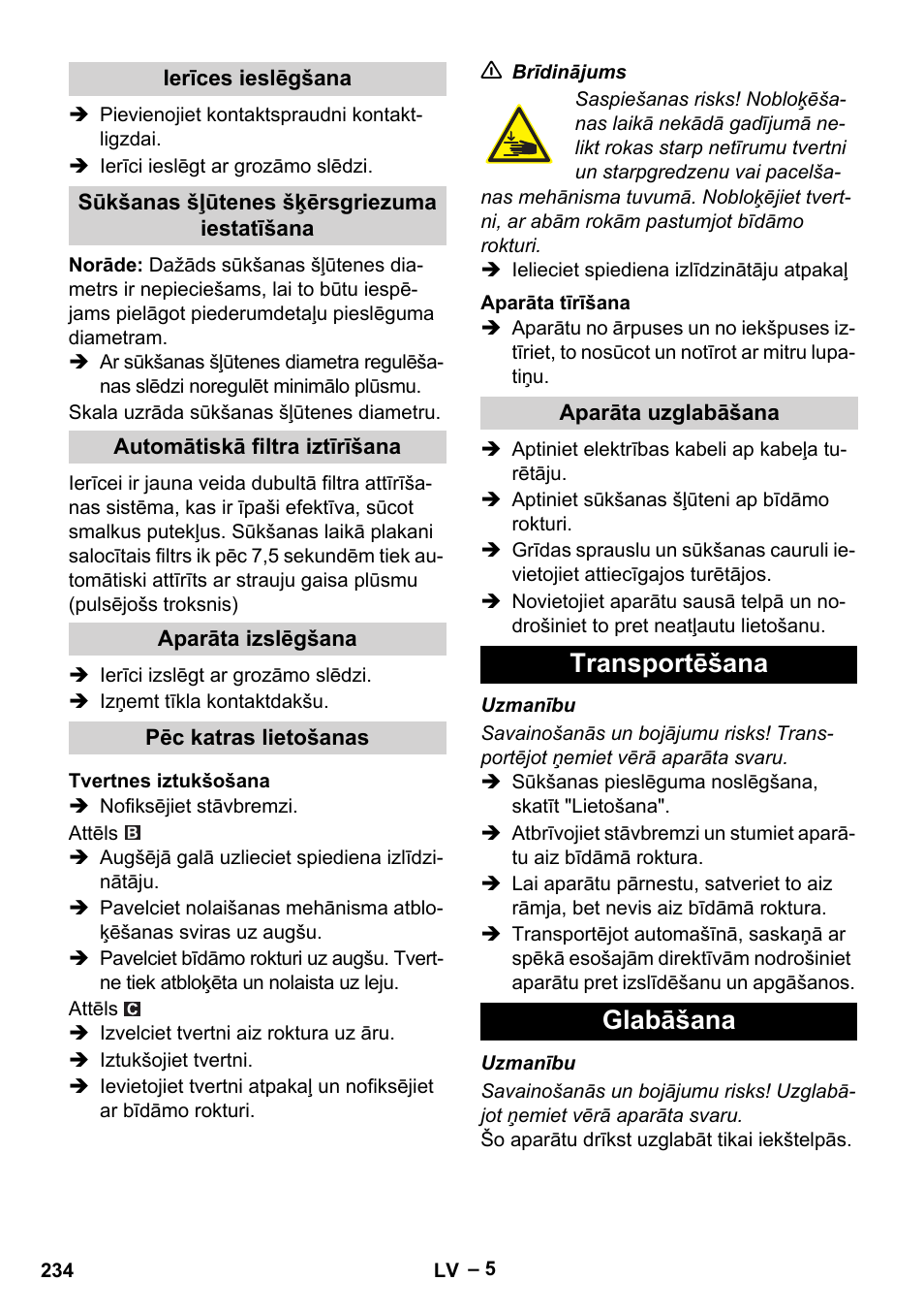 Transportēšana glabāšana | Karcher IVC 60-24-2 Tact M User Manual | Page 234 / 260