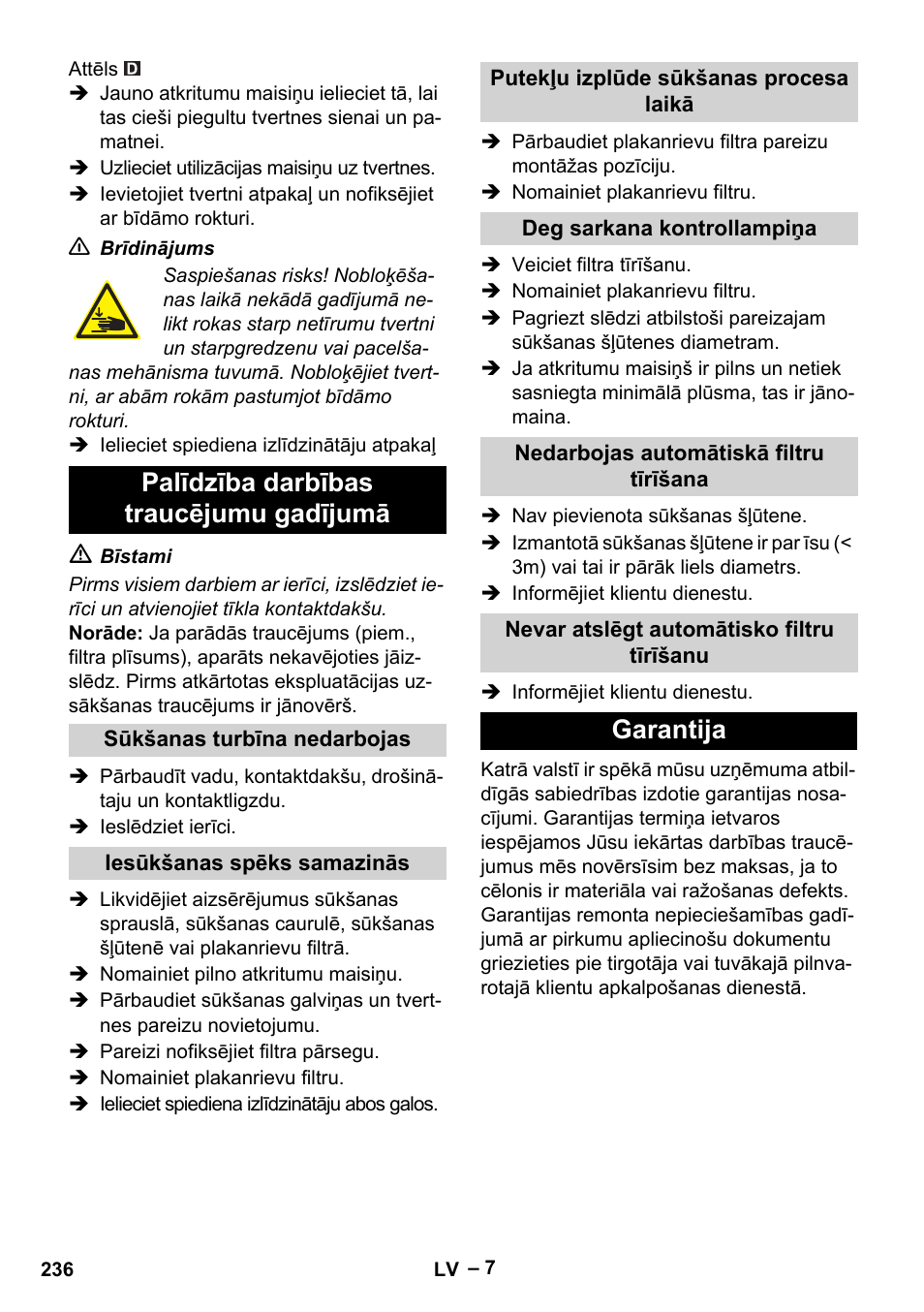 Palīdzība darbības traucējumu gadījumā, Garantija | Karcher IVC 60-24-2 Tact M User Manual | Page 236 / 260