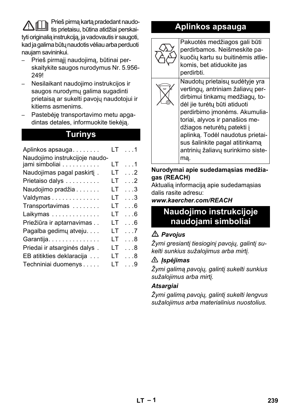 Lietuviškai, Turinys, Aplinkos apsauga | Naudojimo instrukcijoje naudojami simboliai | Karcher IVC 60-24-2 Tact M User Manual | Page 239 / 260