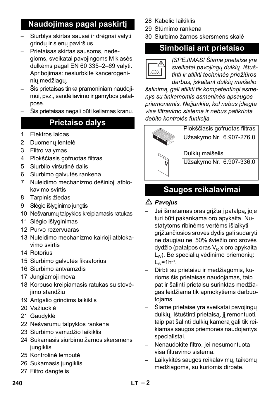 Saugos reikalavimai | Karcher IVC 60-24-2 Tact M User Manual | Page 240 / 260