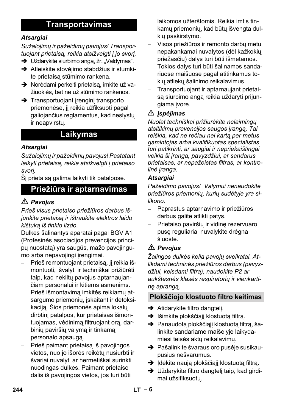 Transportavimas laikymas priežiūra ir aptarnavimas | Karcher IVC 60-24-2 Tact M User Manual | Page 244 / 260