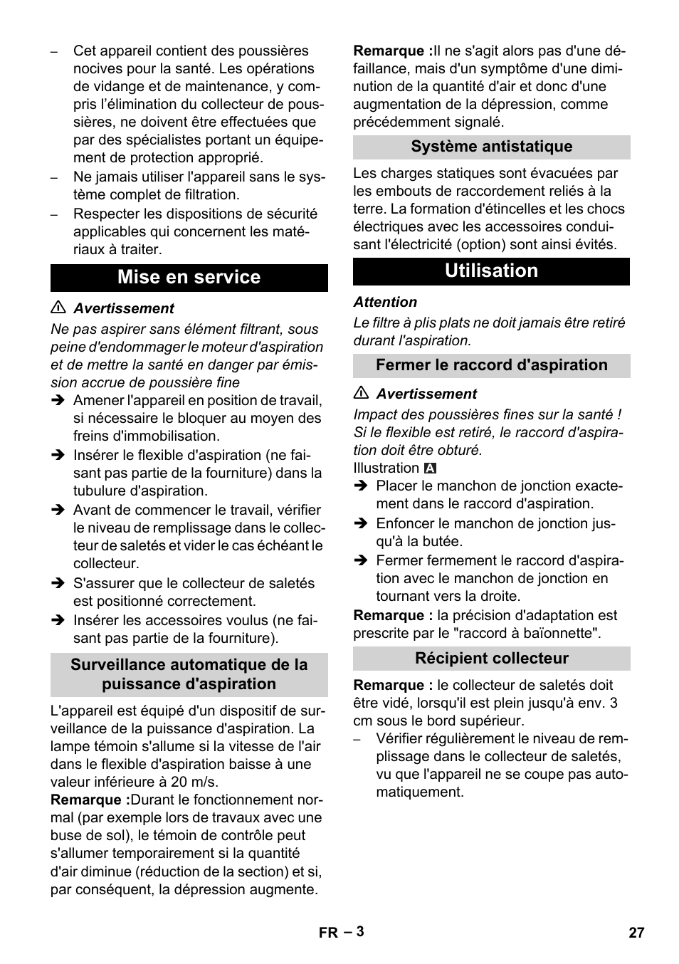 Mise en service, Utilisation | Karcher IVC 60-24-2 Tact M User Manual | Page 27 / 260