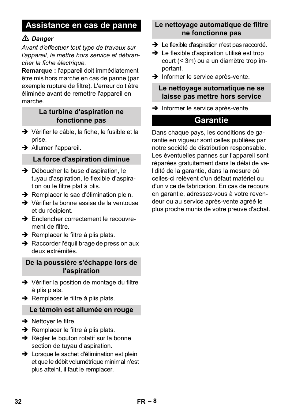 Assistance en cas de panne, Garantie | Karcher IVC 60-24-2 Tact M User Manual | Page 32 / 260