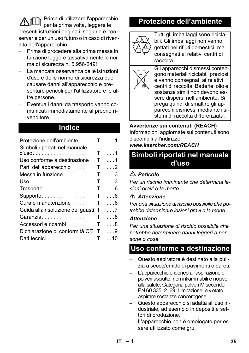 Italiano, Indice, Protezione dell’ambiente | Karcher IVC 60-24-2 Tact M User Manual | Page 35 / 260