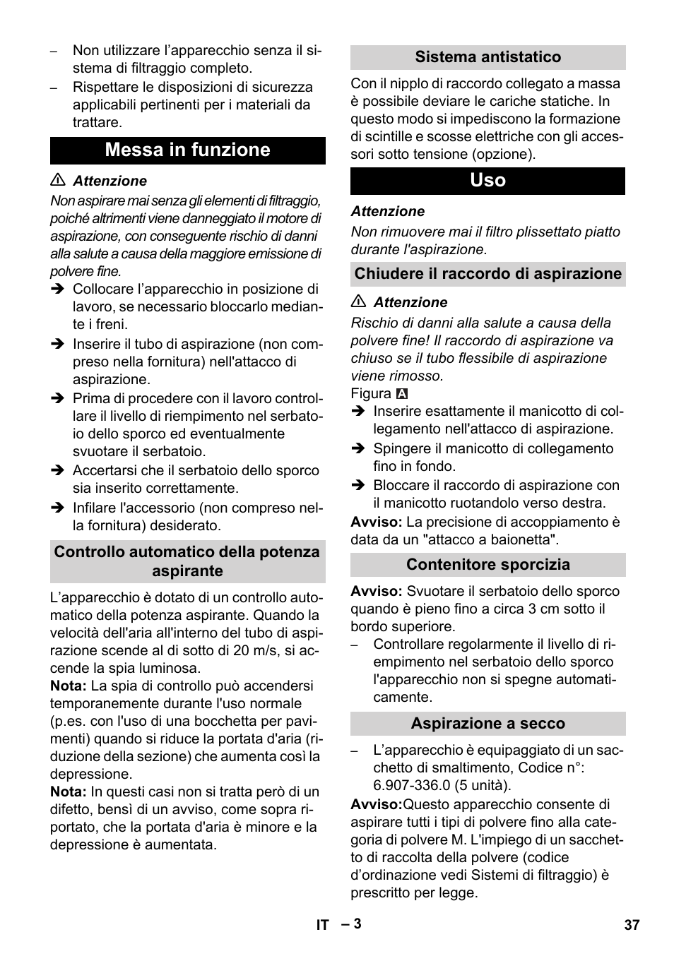 Messa in funzione | Karcher IVC 60-24-2 Tact M User Manual | Page 37 / 260