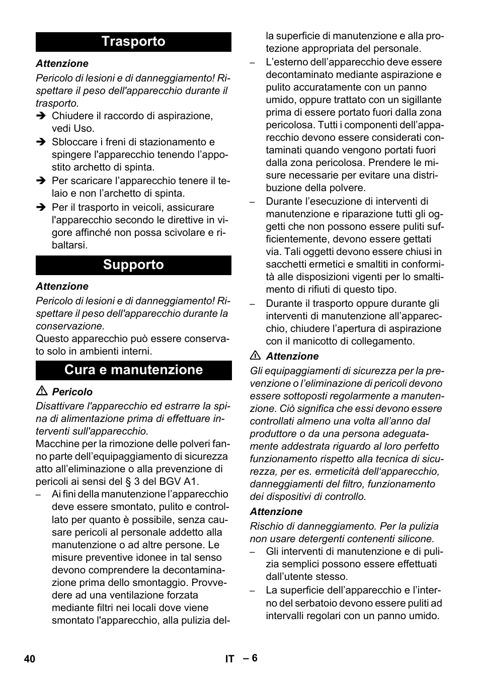 Trasporto supporto cura e manutenzione | Karcher IVC 60-24-2 Tact M User Manual | Page 40 / 260