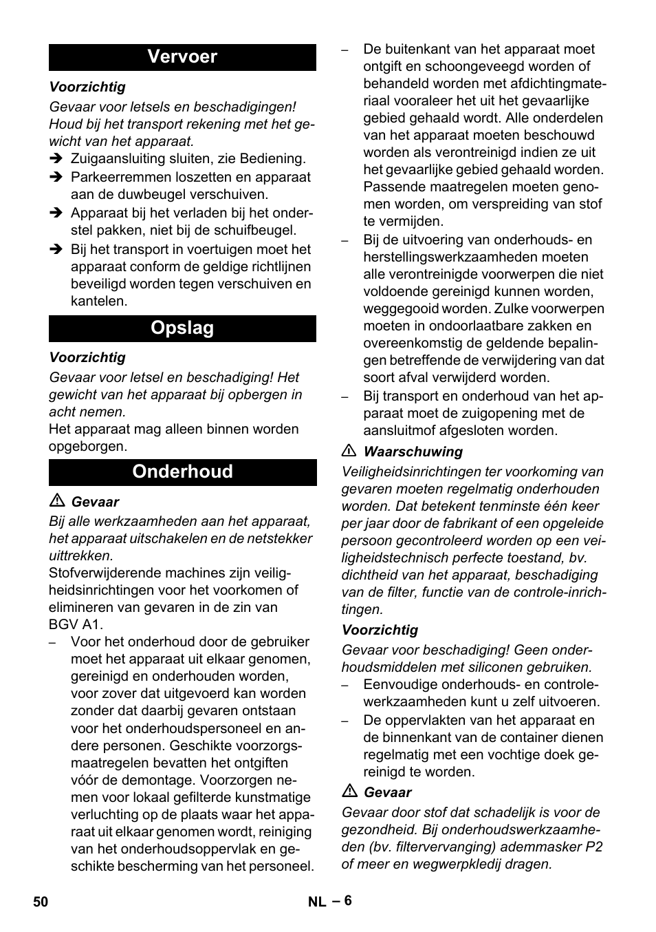 Vervoer opslag onderhoud | Karcher IVC 60-24-2 Tact M User Manual | Page 50 / 260