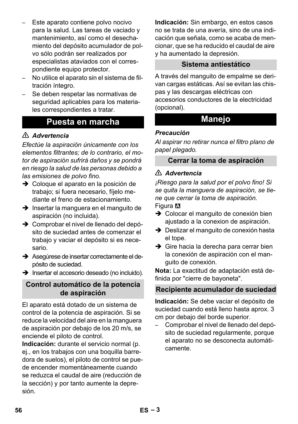 Puesta en marcha, Manejo | Karcher IVC 60-24-2 Tact M User Manual | Page 56 / 260