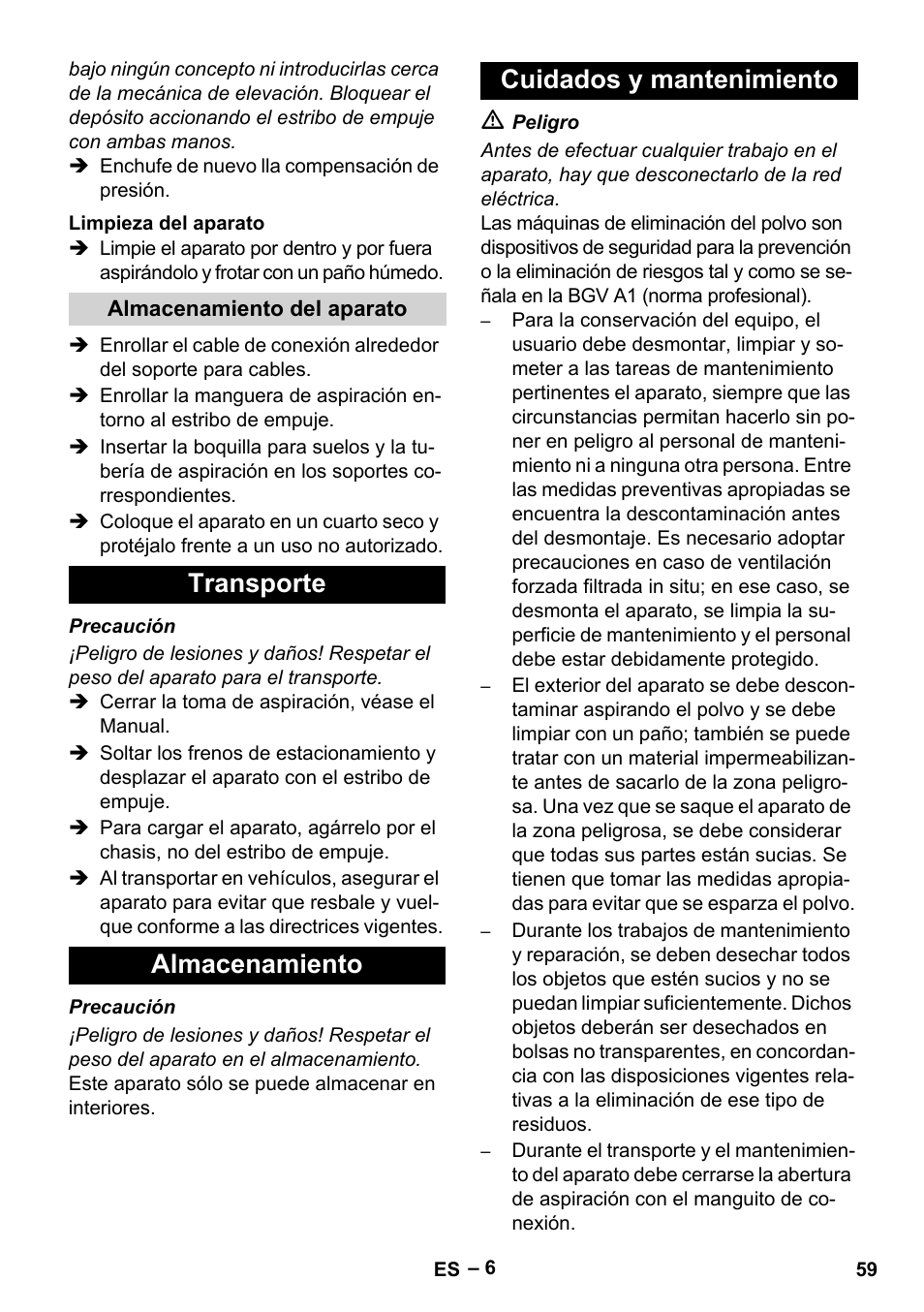 Transporte almacenamiento cuidados y mantenimiento | Karcher IVC 60-24-2 Tact M User Manual | Page 59 / 260